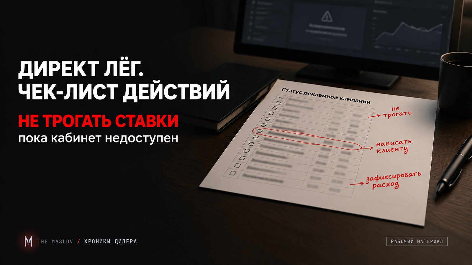 Чек-лист статуса рекламной кампании с красными пометками «не трогать» и «написать клиенту», рядом тёмный экран