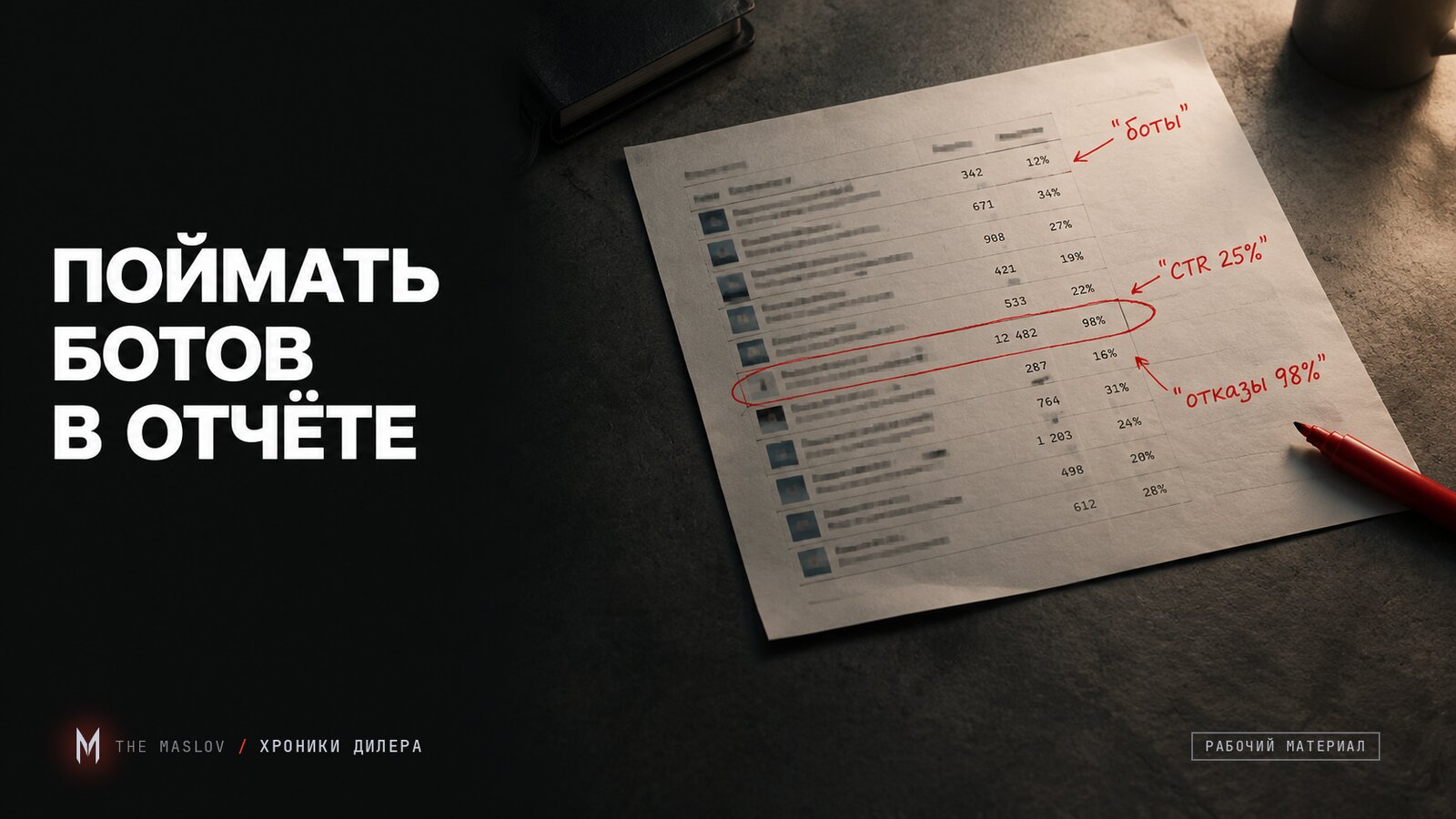 Распечатка отчёта по площадкам с красными пометками «боты», «CTR 25%», «отказы 98%» и обведённой фродовой строкой