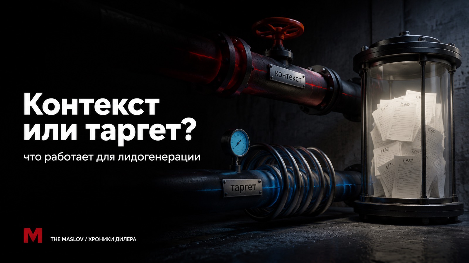 Две стальные трубы — красная «контекст» и синяя «таргет» — сходятся у стеклянной колбы с карточками лидов