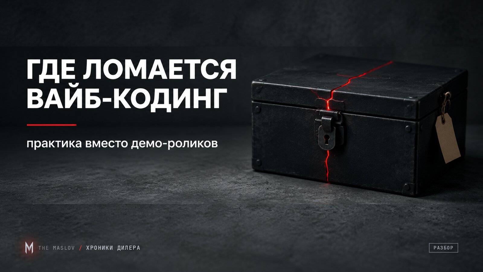 Чёрный запертый металлический ящик с красной трещиной, как метафора хрупкого AI-кода вайб-кодинга