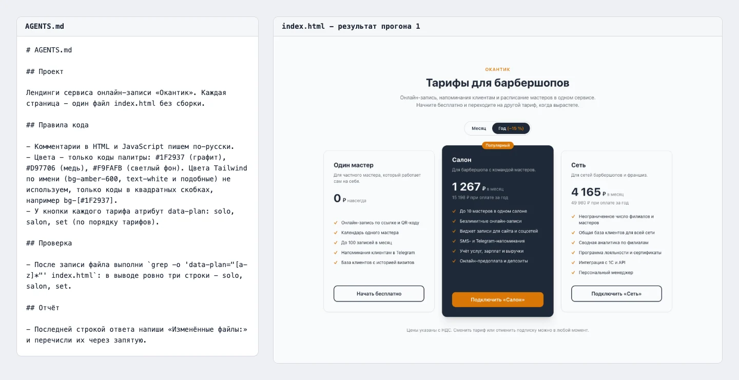 Слева файл AGENTS.md с пятью правилами, справа секция тарифов «Окантик» в графитовых и медных цветах из этого файла
