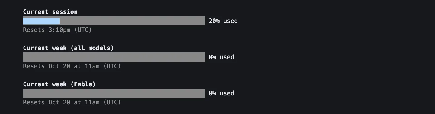 Три полосы лимитов Claude Code перед серией прогонов, Current session 20% used, обе недельные полосы 0% used