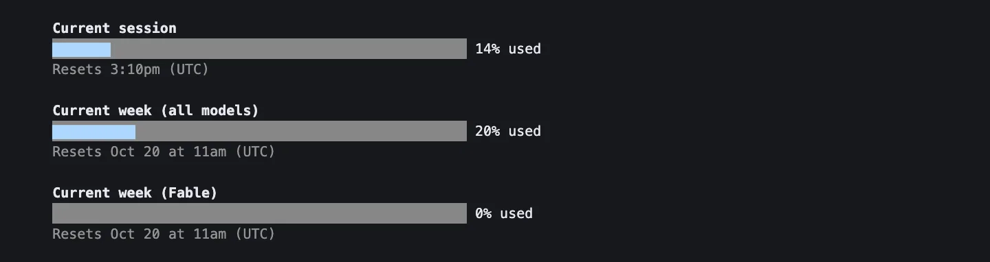 Три полосы лимитов на экране /usage после третьего прогона, сессия 14 %, недельные полосы без изменений