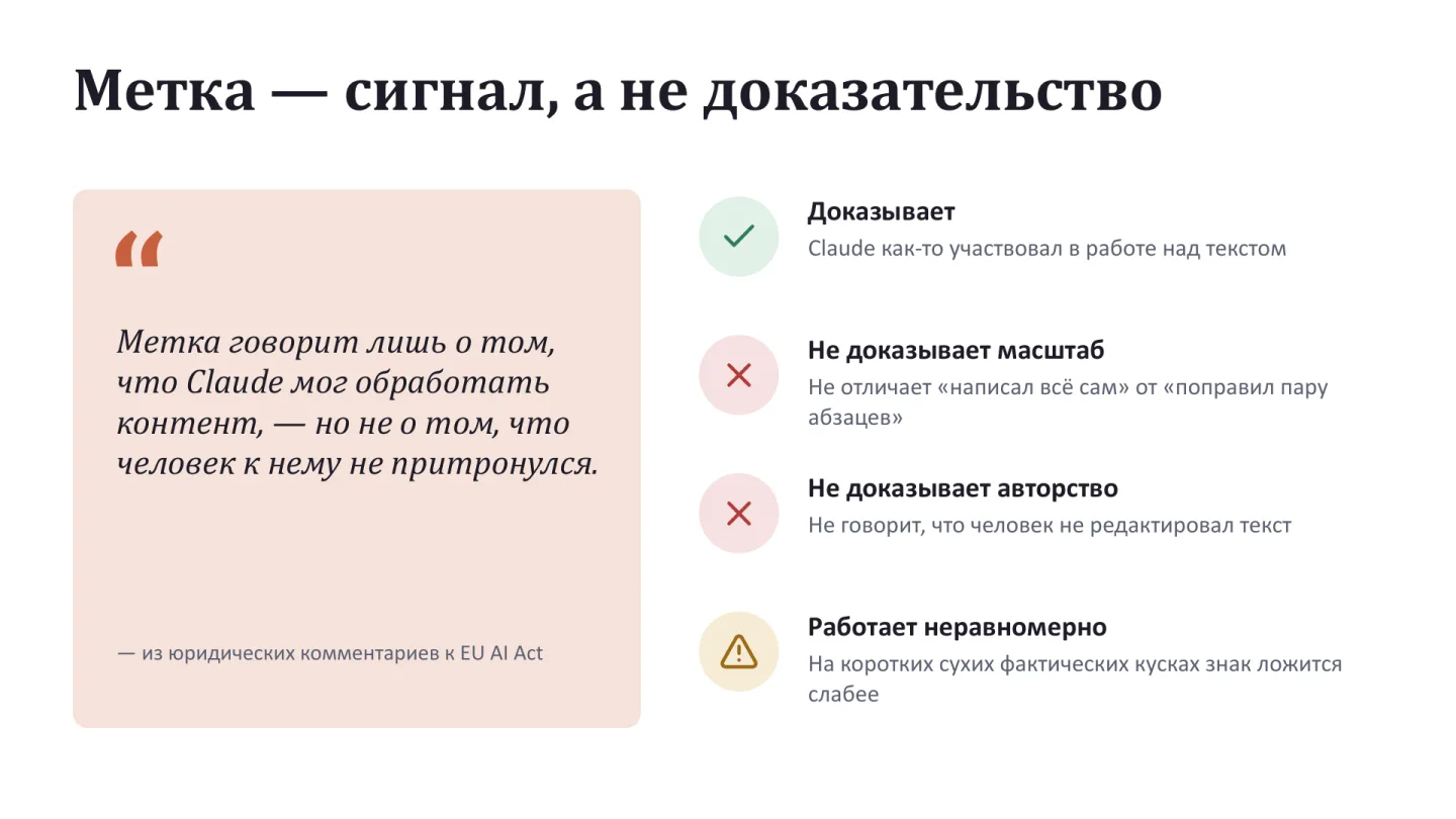 Слайд 6 из 7, что метка показывает и чего не доказывает, цитата и четыре пункта