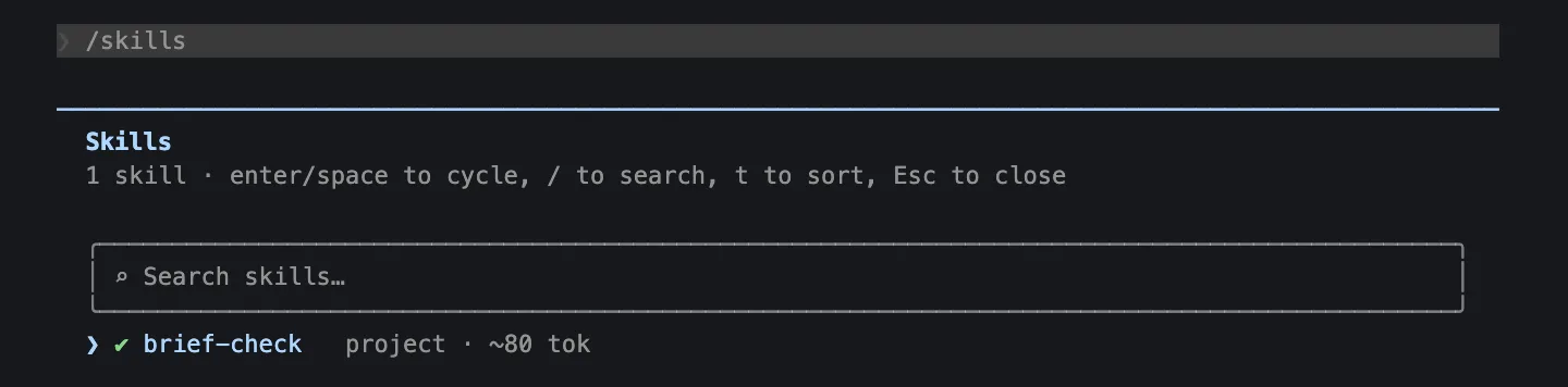 Окно /skills в Claude Code, в списке один скилл brief-check с пометками project и около 80 токенов